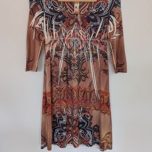 S-Twelve Paisley Print Long Sleeve Midi Dress in Brown and Black